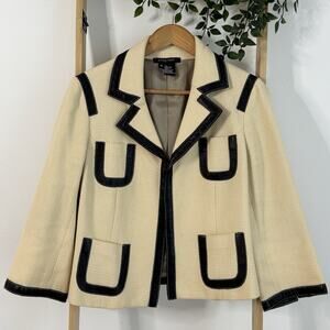Etcetera Women’s Cream Black Leather Trim Classic Vintage Blazer Jacket Size 10